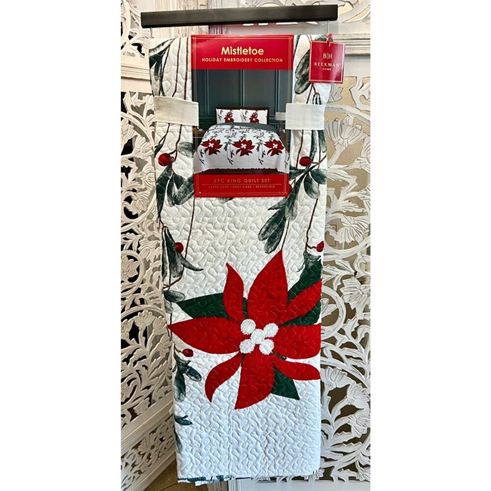 Beekman Home Mistletoe Holiday Embroidery Collection King Size Quilt Set